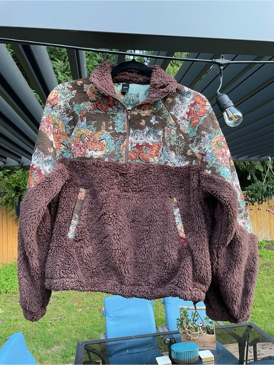 Cider Jackets & Blazers - Cider Brown Sherpa Jacket with Floral Cat Print Yoke